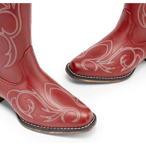 Women's Red Embroidered Cowboy Boots Comfortable Cowgirl Knee High Boots - Picture 3 of 8